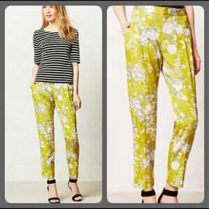 Elevenses Anthropologie Women's Chartreuse Green Mindaro Floral Trousers Size 0